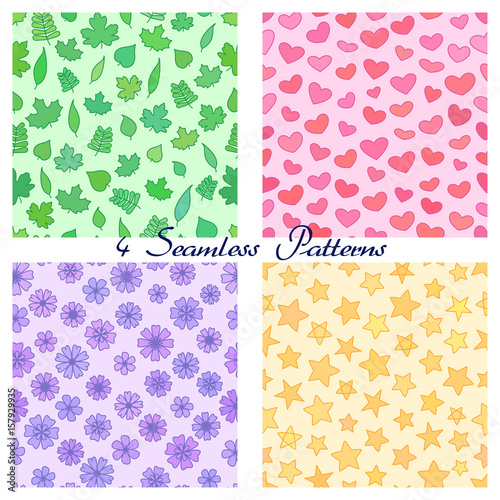 Set of seamless patterns with outline leaves, hearts, stars and flowers