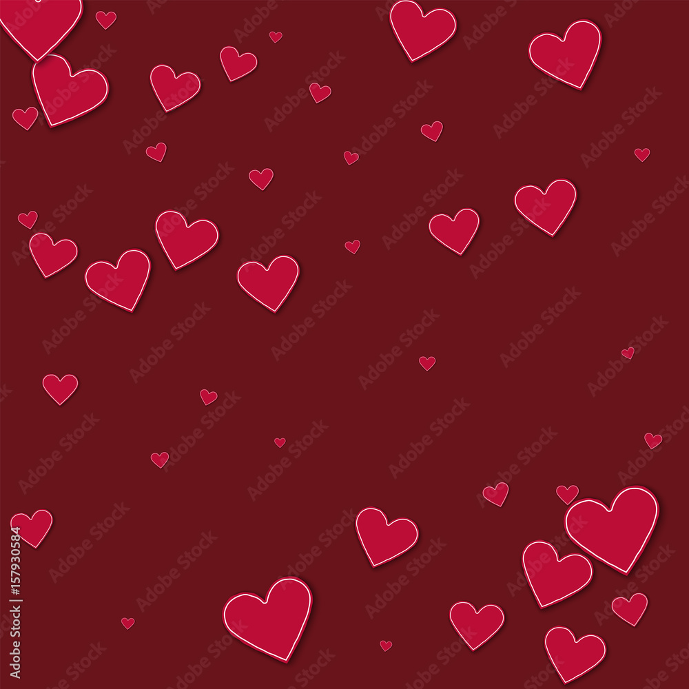 Cutout red paper hearts. Scatter pattern on wine red background. Vector illustration.
