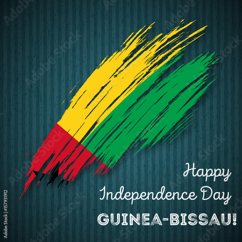 Guinea-Bissau Independence Day Patriotic Design. Expressive Brush Stroke in National Flag Colors on dark striped background. Happy Independence Day Guinea-Bissau Vector Greeting Card.