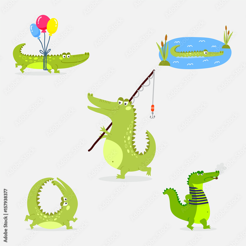 Fototapeta premium Cartoon green crocodile funny predator australian wildlife river reptile alligator flat vector illustration.