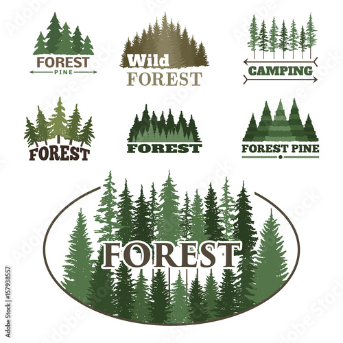 Tree outdoor travel green silhouette forest badge coniferous natural logo bad...