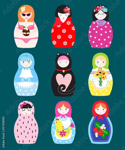 Traditional russian matryoshka toy nesting doll vector illustration.