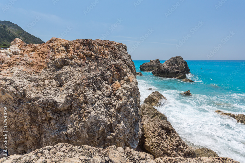 Amazing landscape of blue waters of Megali Petra Beach, Lefkada, Ionian Islands, Greece Amazing landscape of blue waters of Megali Petra Beach, Lefkada, Ionian Islands, Greece