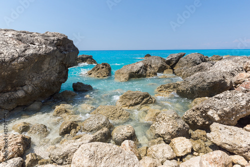 Amazing landscape of blue waters of Megali Petra Beach, Lefkada, Ionian Islands, Greece © Stoyan Haytov