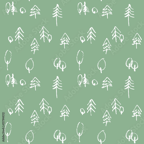 Minimalistic seamless pattern with hand drawn trees. Stylish modern pattern with doodled tree. Outlined sketchy background.