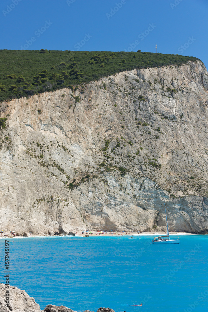 Fototapeta premium Amazing landscape of blue waters of Porto Katsiki Beach, Lefkada, Ionian Islands, Greece