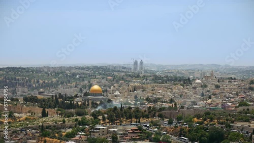 Jerusalem panoramic aerial view timelapse. Jerusalem is most sacred place for religious people christians muslims and jews.