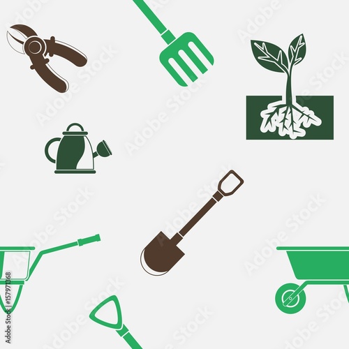 Editable Vector of Flat Style Gardening Equipment Illustration Icons in Various Monochrome Color as Seamless Pattern for Creating Background of Gardening and Farming Related Purposes