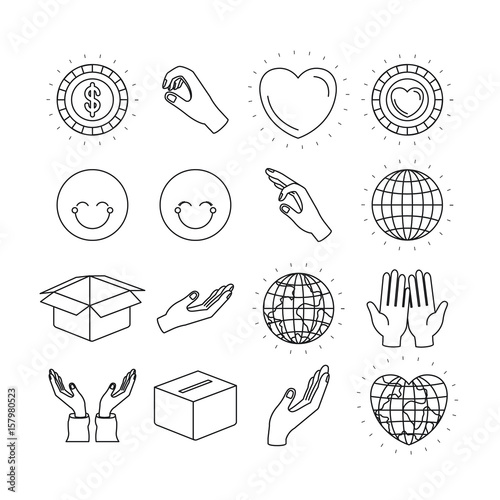 silhouette icons set earth world and charity symbols vector illustration