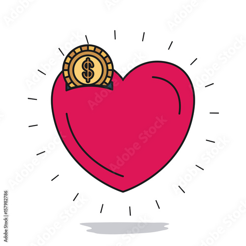 white background with money box in heart shape with golden coin vector illustration