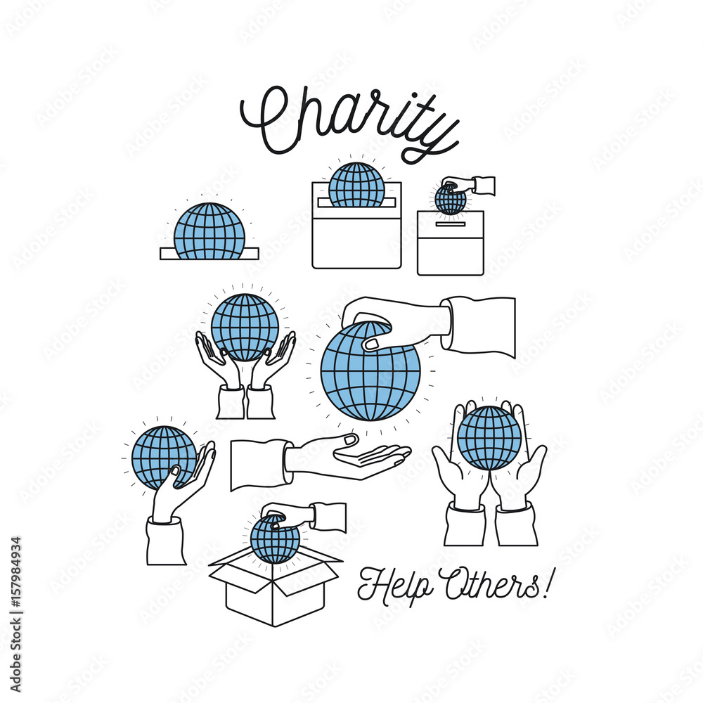 color silhouette image set charity help others and hands depositing globe earth world in palm vector illustration