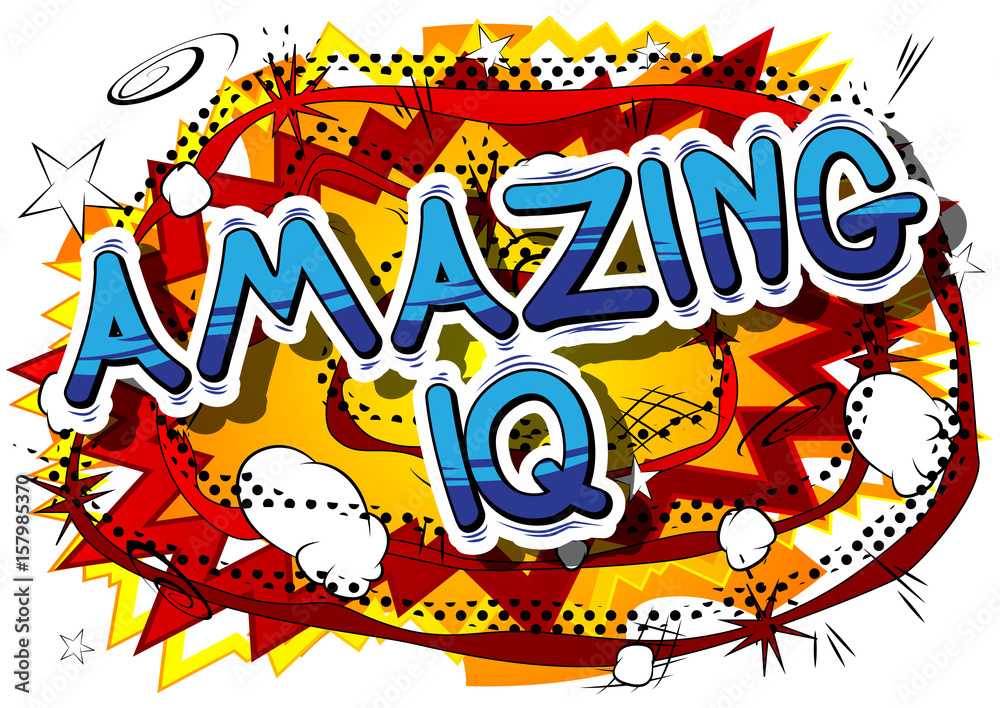 Amazing IQ - Comic book style phrase on abstract background.