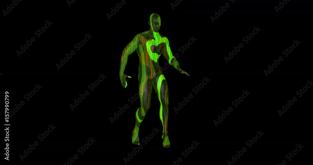 Transparent computer generated 3d male character dancing, moving through colorful transforming textures. Includes black and white alpha matte Transparent computer generated 3d male character dancing, moving through colorful transforming textures. Includes black and white alpha matte