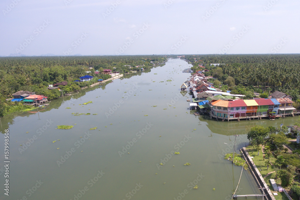 aerial view maeklong river in bang nok kwaek