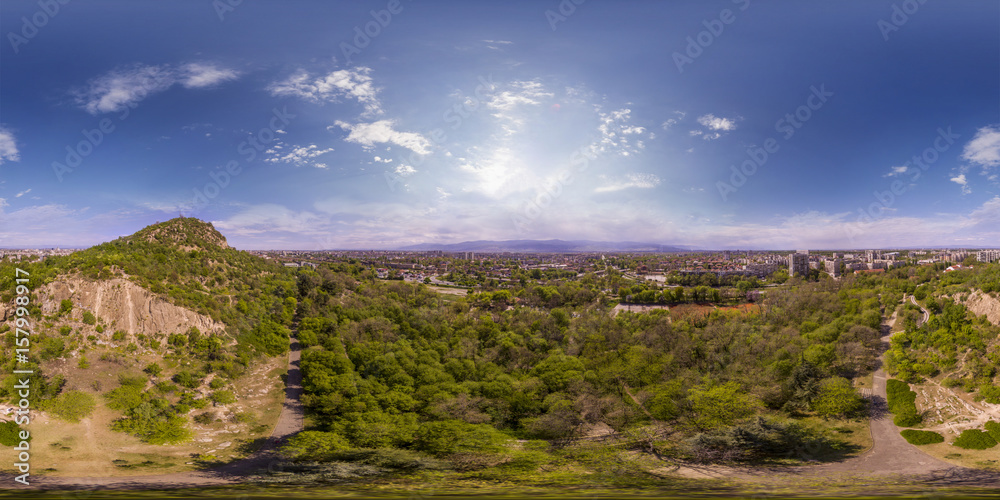 360 degrees aerial panorama of the Dzhendem tepe also known as Youth hill in Plovdiv, Bulgaria