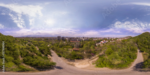 360 degrees aerial panorama of the Dzhendem tepe also known as Youth hill in Plovdiv, Bulgaria