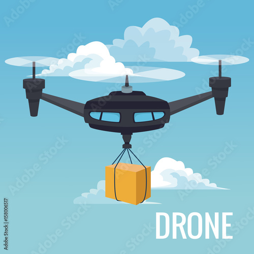 sky landscape background robot drone carrying box with three airscrew vector illustration