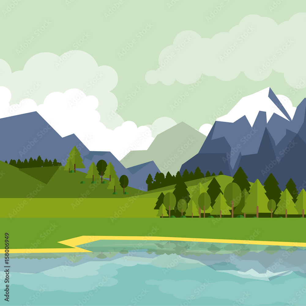 colorful background of natural landscape with mountains and lake vector illustration