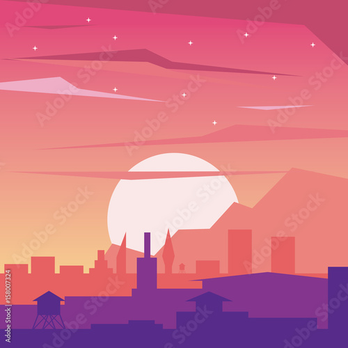 colorful background of dawn landscape of city with sun vector illustration