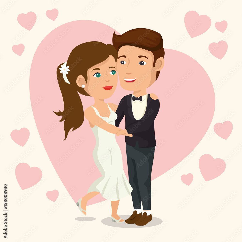 Dancing married couple with pink hearts over white background. Vector illustration. Dancing married couple with pink hearts over white background. Vector illustration.