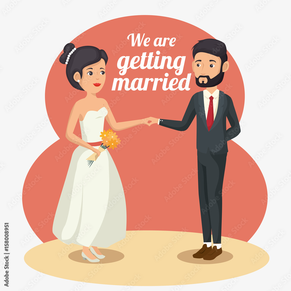 Groom holding brides hand and we are getting married sign over white background. Vector illustration. Groom holding brides hand and we are getting married sign over white background. Vector illustration.