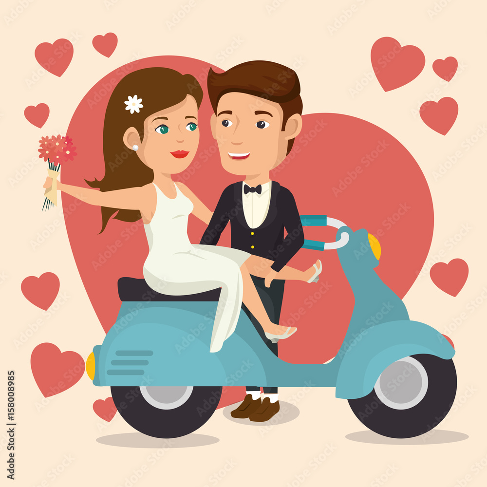 Groom, bride and motorcycle with hearts and flowers over peach background. Vector illustration. Groom, bride and motorcycle with hearts and flowers over peach background. Vector illustration.