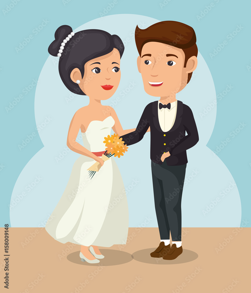 Groom and bride holding flowers over beige and blue background. Vector illustration. Groom and bride holding flowers over beige and blue background. Vector illustration.