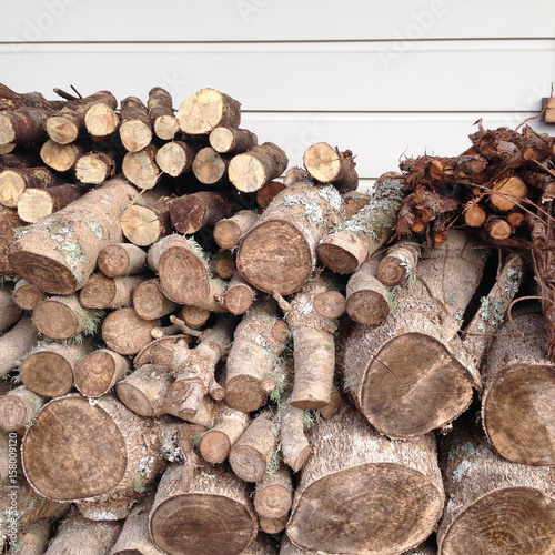 Logpile of firewood stacked against weatherboard sidings