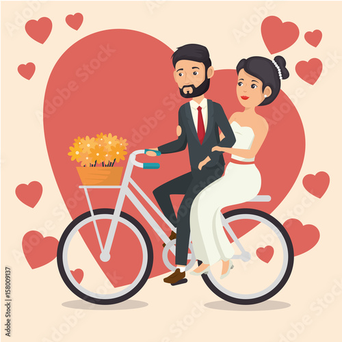 Bride and groom riding a bike with flowers and hearts over beige background. Vector illustration.