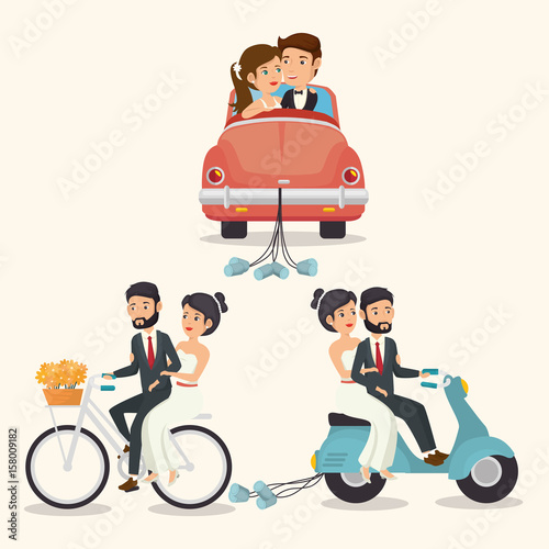 Just married couples in vehicles over beige background. Vector illustration.