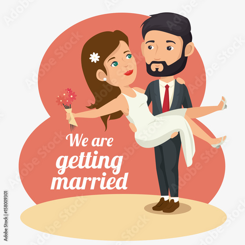 Groom picking bride up with flowers and we are getting married sign over peach, beige and white background. Vector illustration.