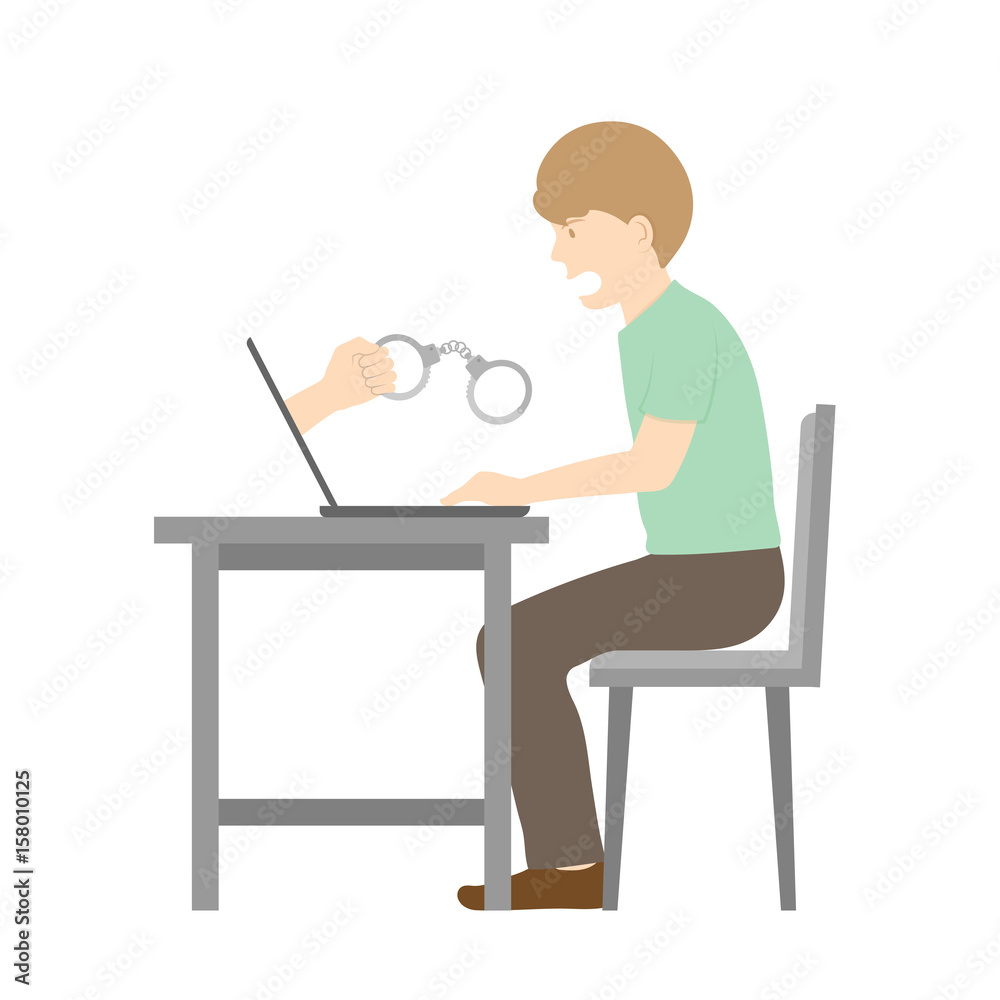 Victim of internet cyber crime concept idea man, laptop and hand holding handcuff illustration isolated on white color background, with copy space Victim of internet cyber crime concept idea man, laptop and hand holding handcuff illustration isolated on white color background, with copy space