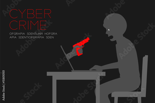 Victim of internet cyber crime dark editions concept idea man, laptop and hand holding red gun illustration isolated on black color background, with copy space
