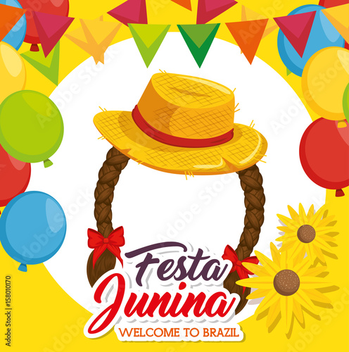 Hat and braids with banners flowers and balloons over yellow background vector illustration