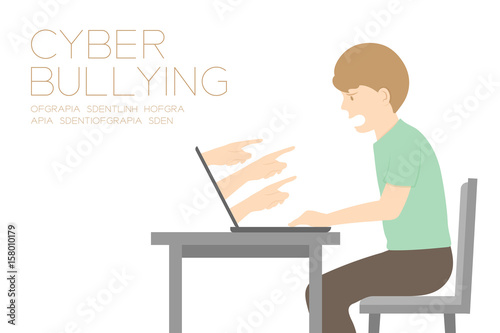 Victim man of internet social network cyber bullying concept idea, laptop and hate hand illustration isolated on white color background, with copy space