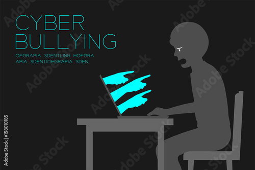 Victim man of internet social network cyber bullying dark editions concept idea, laptop and hate hand illustration isolated on white color background, with copy space
