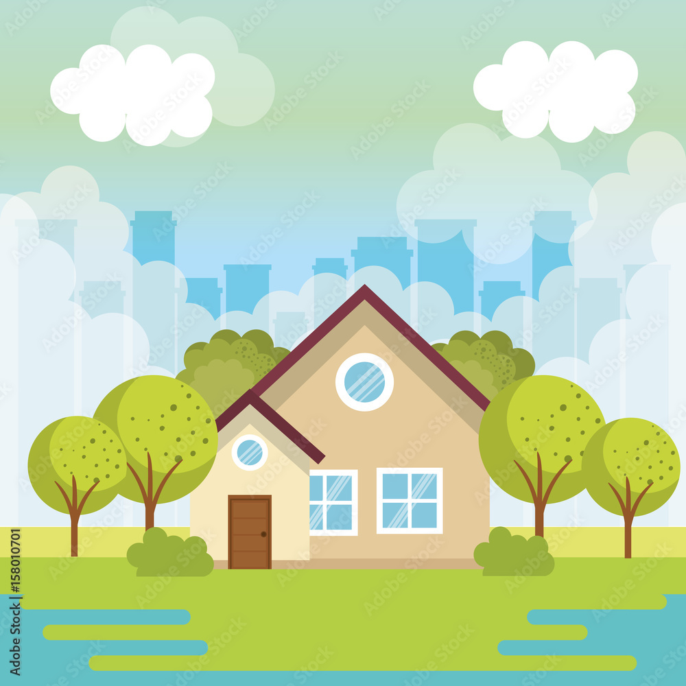 Beige small house view from outside with trees and city skyline vector illustration