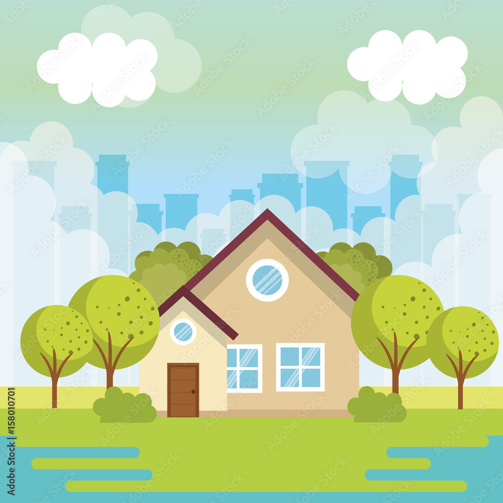 Beige small house view from outside with trees and city skyline vector illustration Beige small house view from outside with trees and city skyline vector illustration