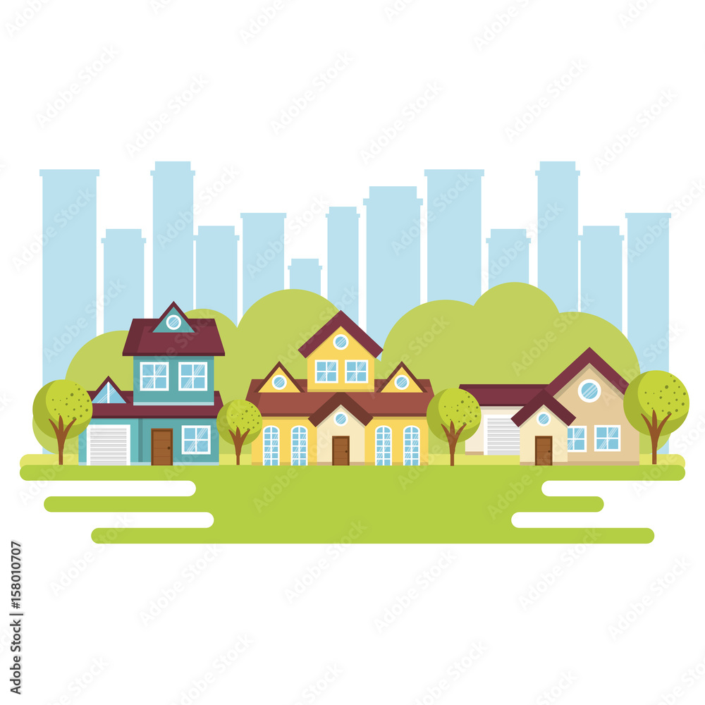 houses view from outside with trees and city skyline vector illustration
