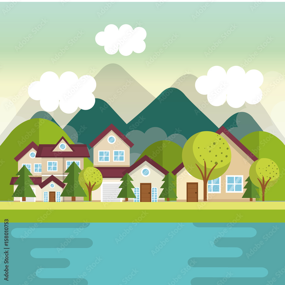 Houses view from outside with mountains river trees vector illustration