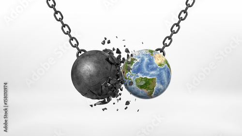 3d rendering of a black broken wrecking ball hitting an Earth globe on a black chain on white background.