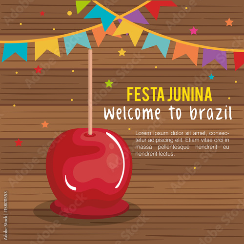 Festa junina infographic with caramel apple and banner over wood background. Vector illustration.