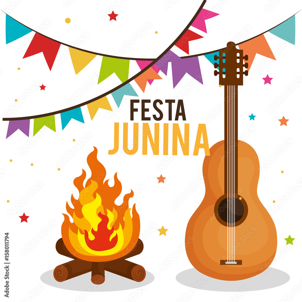 Festa junina design with fire and guitar over white background, Vector illsutration. Festa junina design with fire and guitar over white background, Vector illsutration.