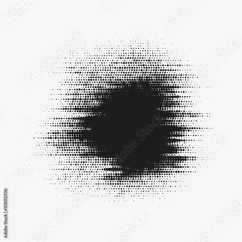 Glitched vector halftone stain. Black blot made of round particles. Modern abstract generative illustration with random distorted spot. Scattered array of dots. Gradation of tone. Element of design.