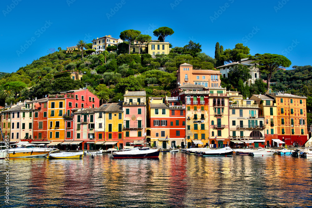 Colorful buildings of Portofino reflecting on the harbor