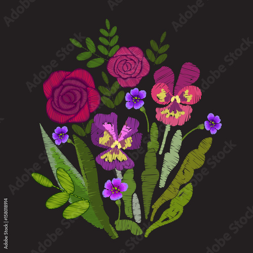 Pansies and Roses Embroidery Design on black background. EPS Vector illustration