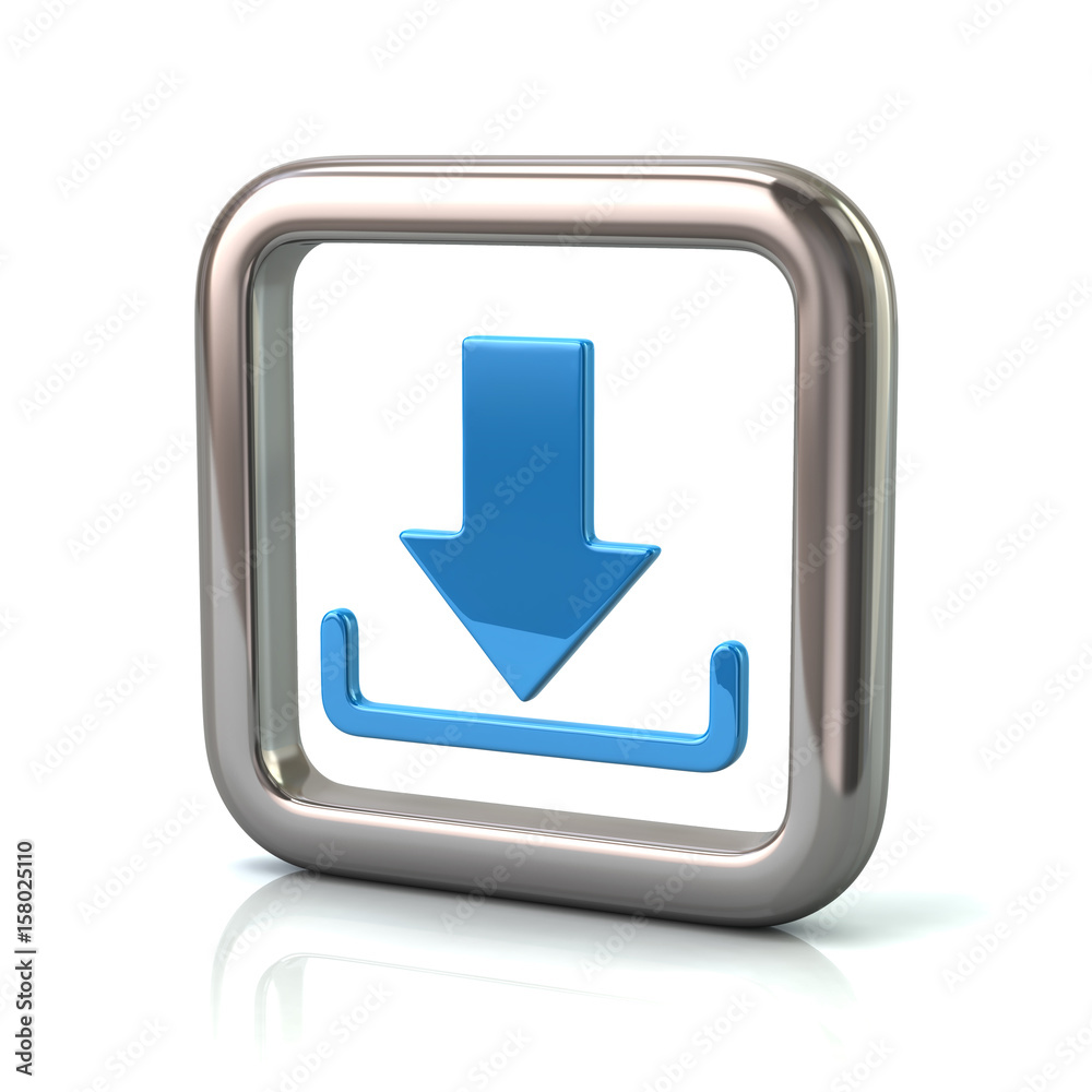 Metallic rounded square frame with blue download icon Metallic rounded square frame with blue download icon