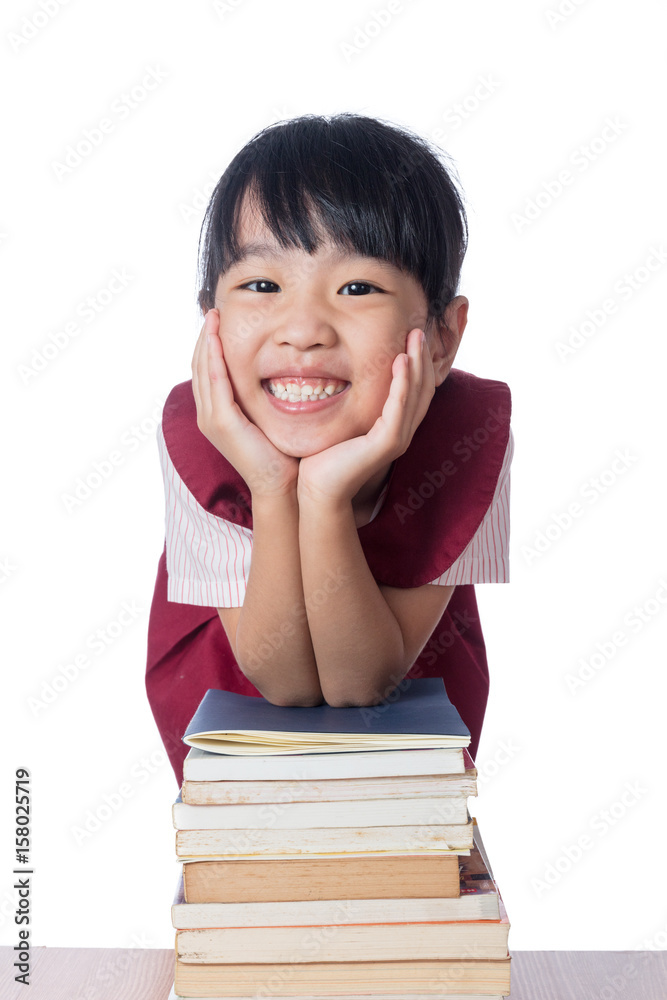 Asian Little Chinese girl with piles of books Asian Little Chinese girl with piles of books