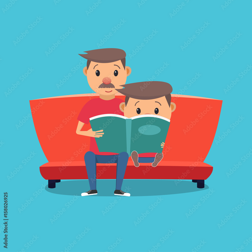 Father reads a book to his son. Vector illustration in flat style