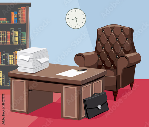 Modern interiors Law Firm. Empty office with documents, work desks and a leather armchair. Director's office. Businessman is on vacation. Looking for a new employee. Vector cartoon illustration.
